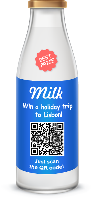 A bottle of milk with a QR code